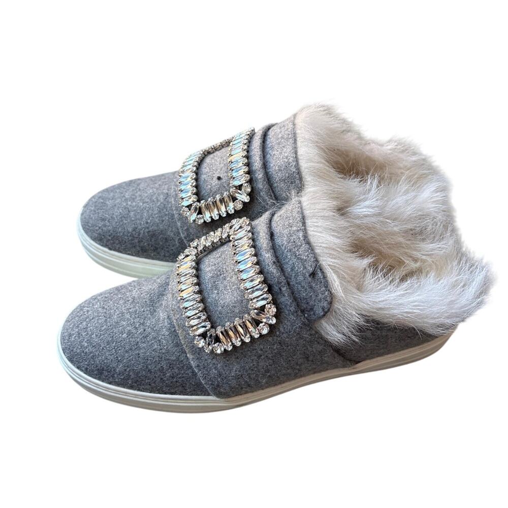 Roger Vivier Grey Felt Shearling Crystal Buckle Sneakers EU 39 US 8.5 Slip On